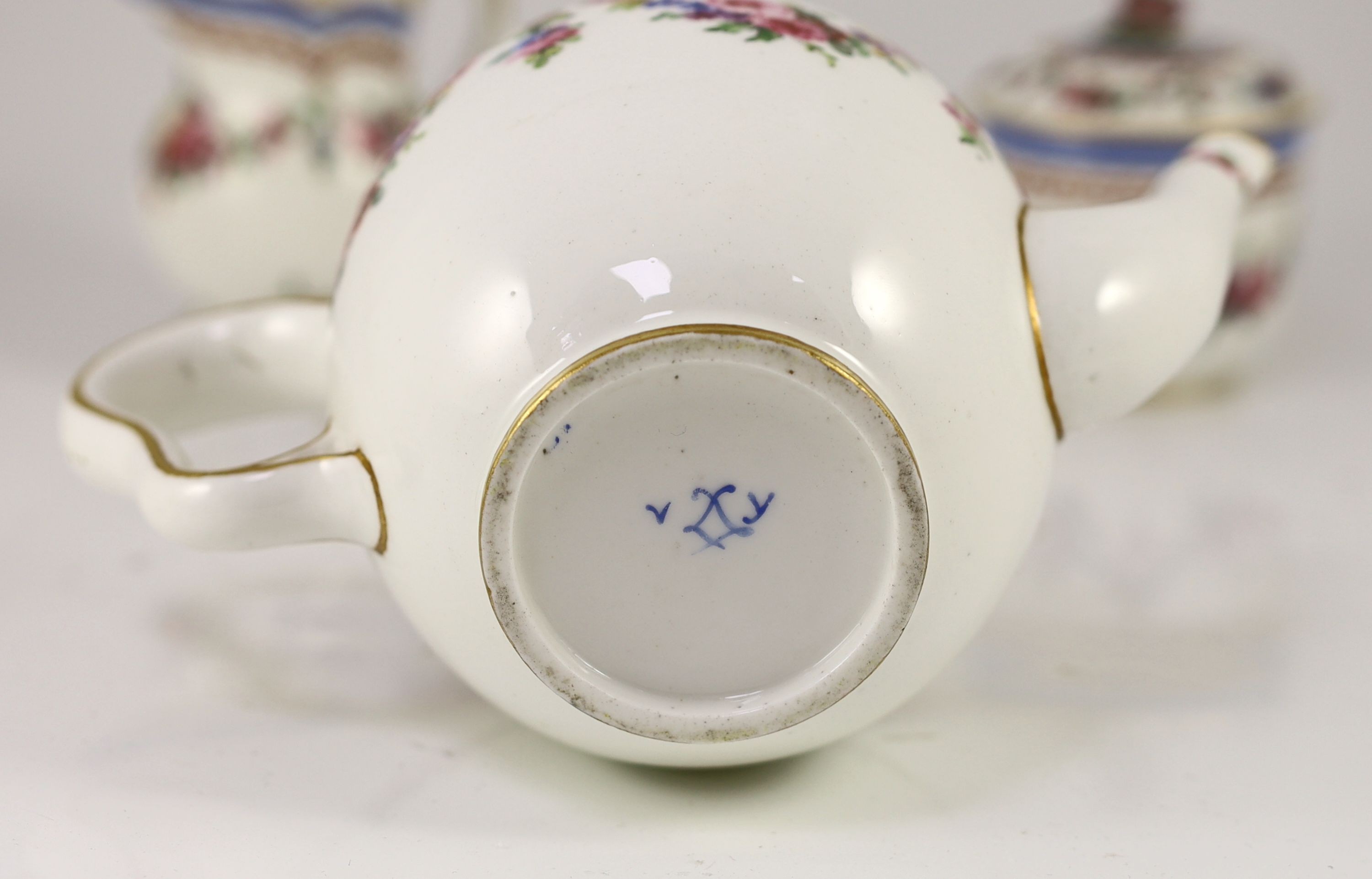 A Sevres porcelain part tea service, c.1772-3, One teacup handle repaired